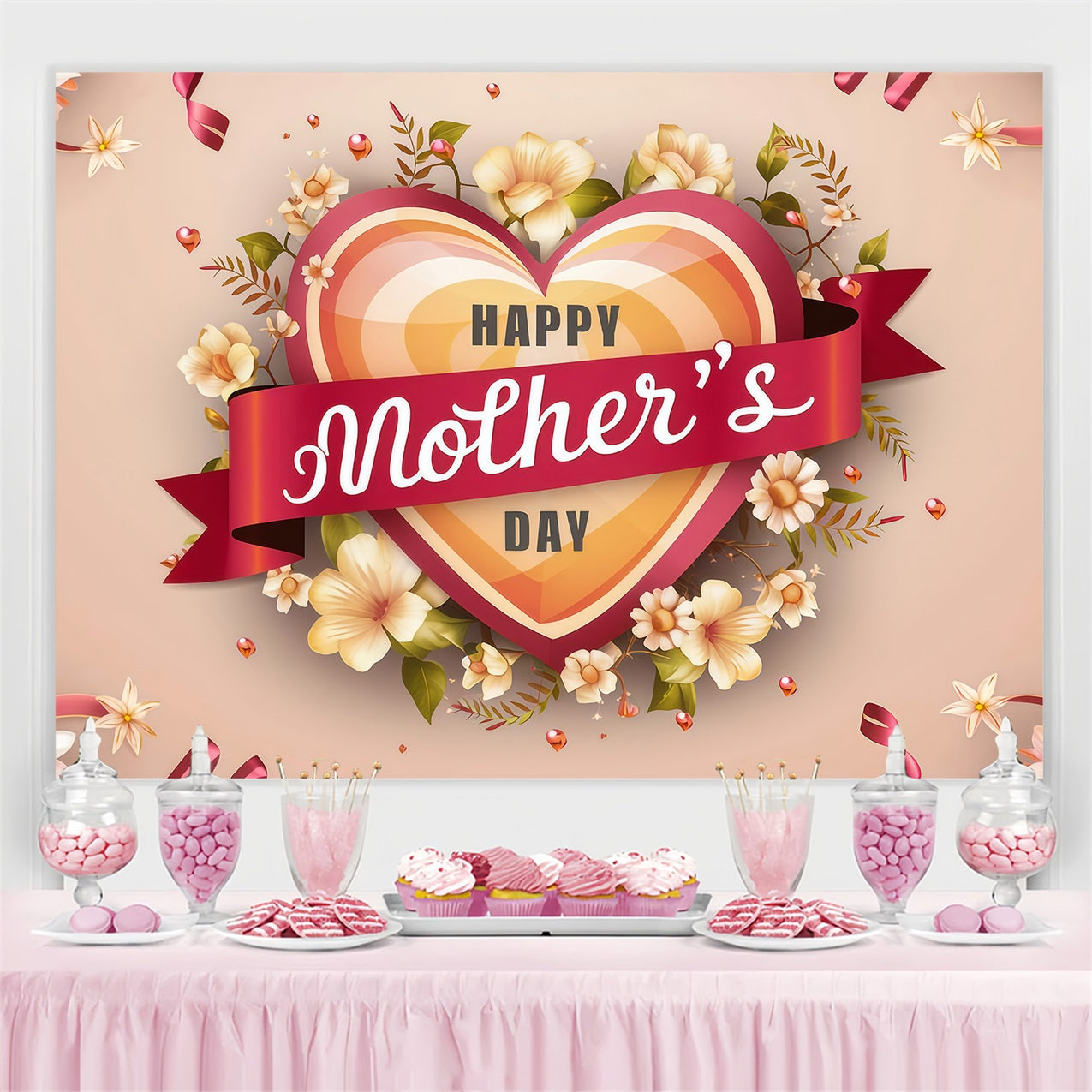 Mother's Day Photo Backdrop Floral Heart Ribbon Personalized Backdrop UK GTY3-178