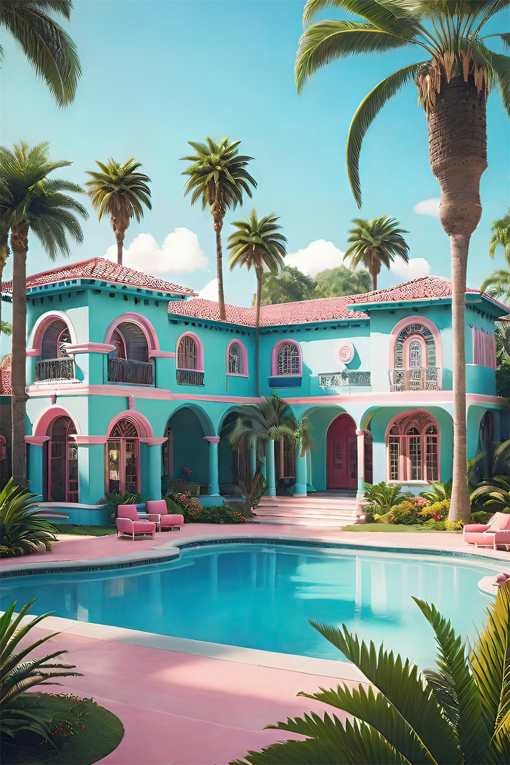 Summer Photo Backdrop Villa Palm Tree Pool Backdrop UK GTY3-297