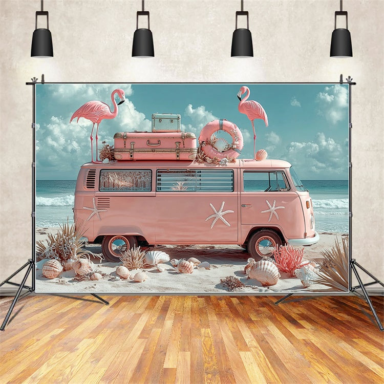 Tropical Backdrops Flamingo Beach Van Summer Backdrop UK GTY3-309