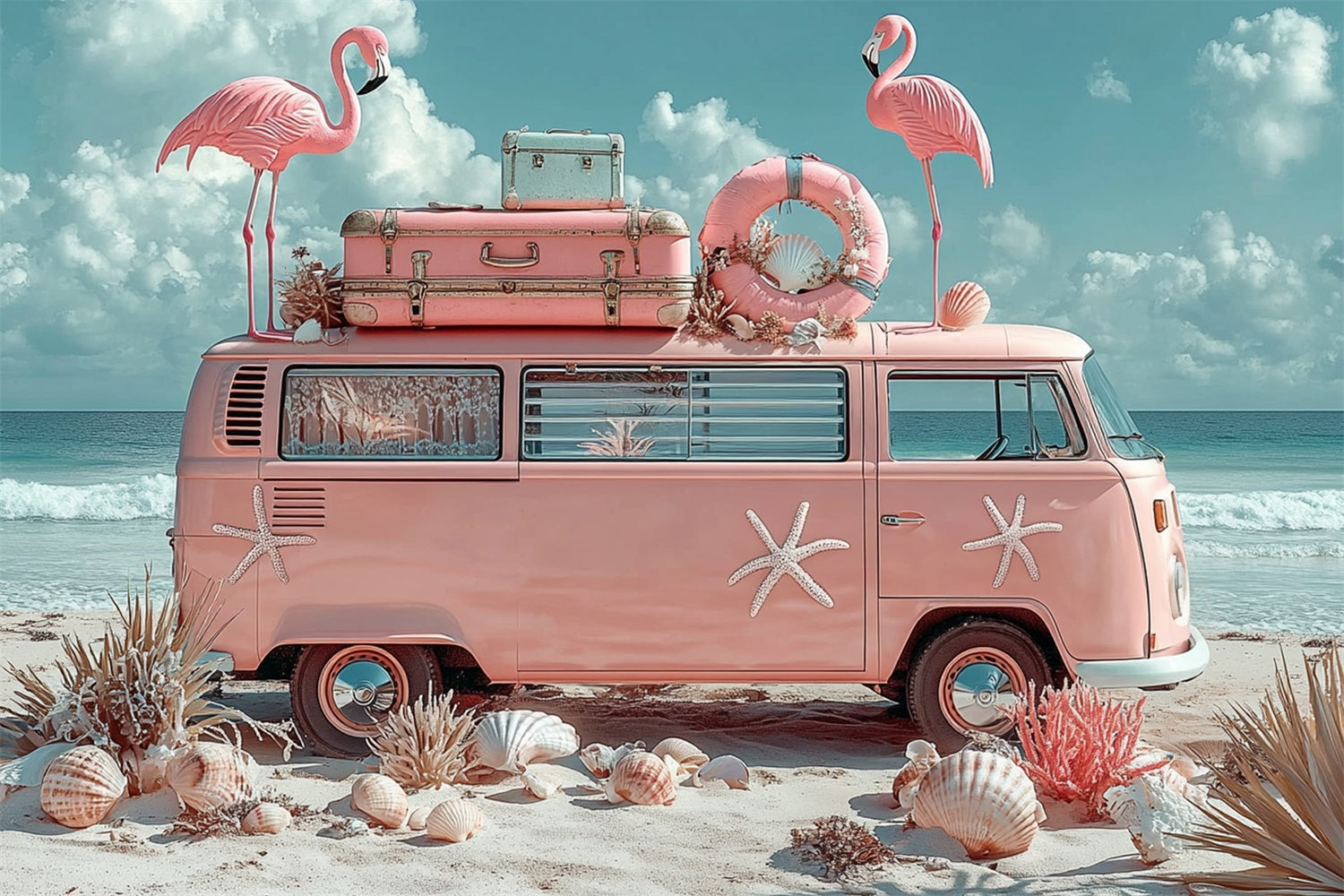 Tropical Backdrops Flamingo Beach Van Summer Backdrop UK GTY3-309