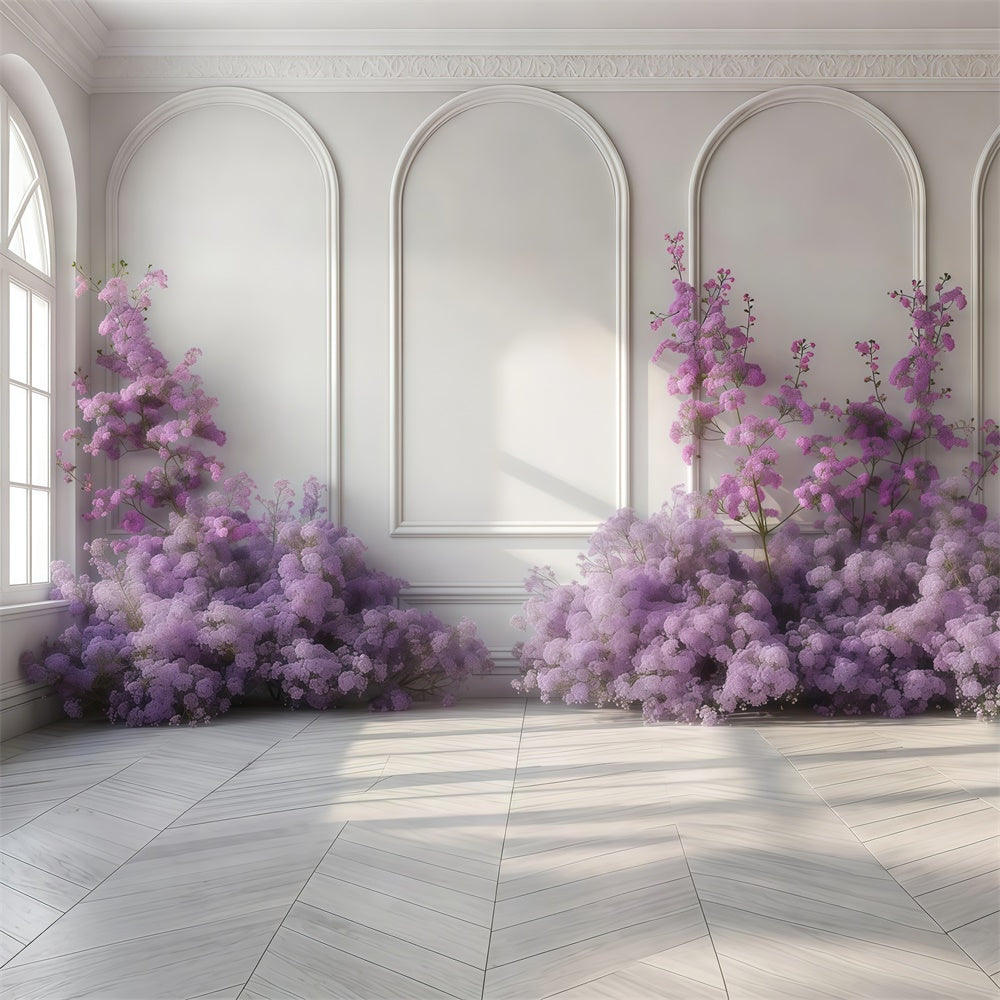 Purple Flowers Backdrop Graceful Purple Floral White Wall Backdrop UK GTY3-35