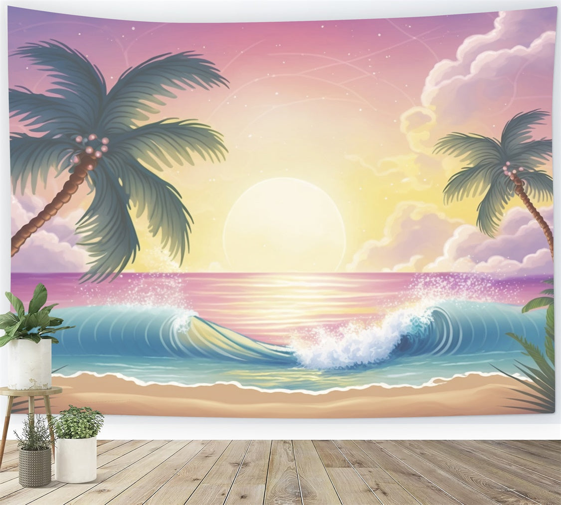 Beach Photo Backdrop Sunrise Palm Ocean Wave Summer Backdrop UK GTY3-379