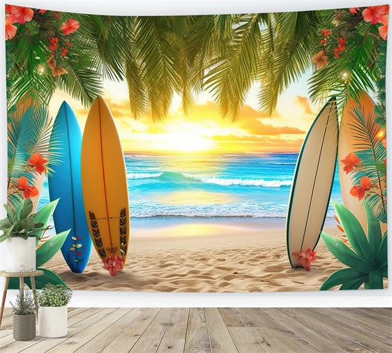 Beach Backdrop Colorful Surfboards Palm Leaves Summer Backdrop UK GTY3-384