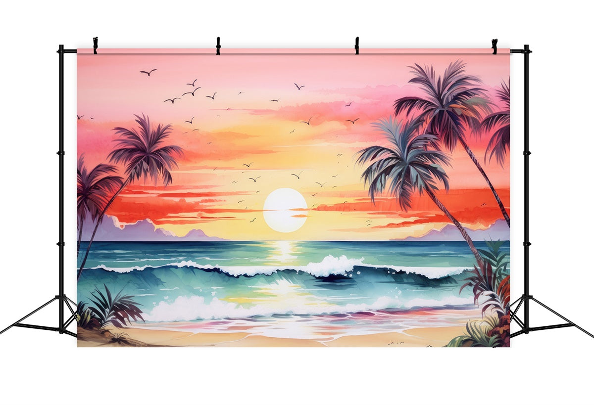 Beach Photo Backdrop Sunset Tree Ocean Wave Summer Backdrop UK GTY3-388