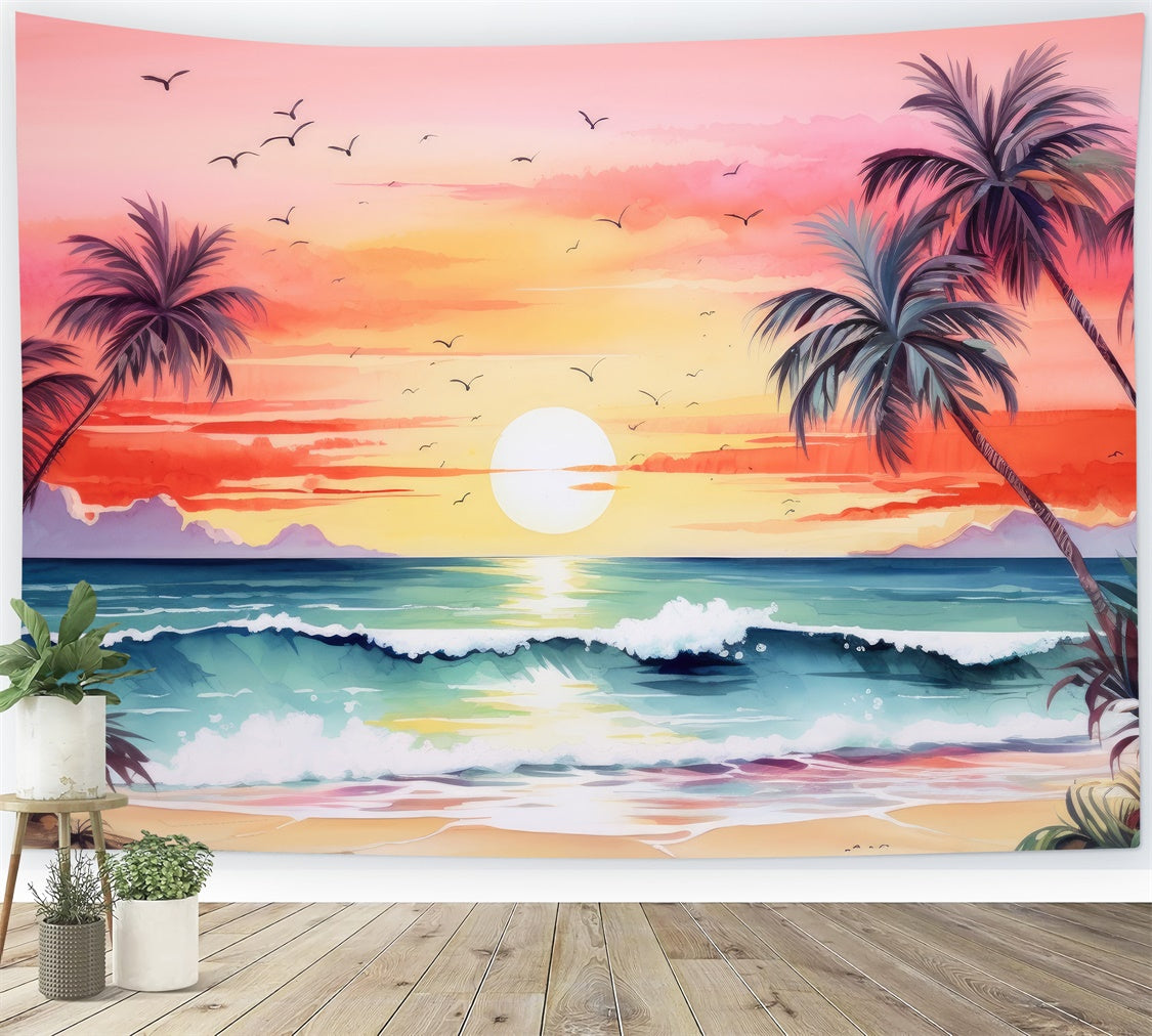 Beach Photo Backdrop Sunset Tree Ocean Wave Summer Backdrop UK GTY3-388