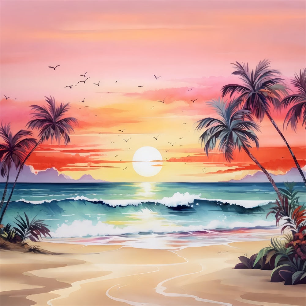 Beach Photo Backdrop Sunset Tree Ocean Wave Summer Backdrop UK GTY3-388