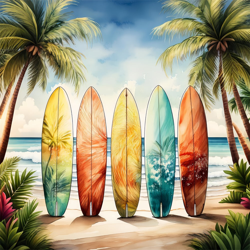 Summer Photo Backdrop Colorful Surfboards Palm Sky Backdrop UK GTY3-390