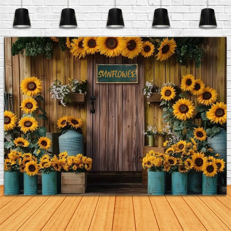 Sunflower Backdrops Wooden Wall Rustic Bloom Summer Backdrop UK GTY3-410