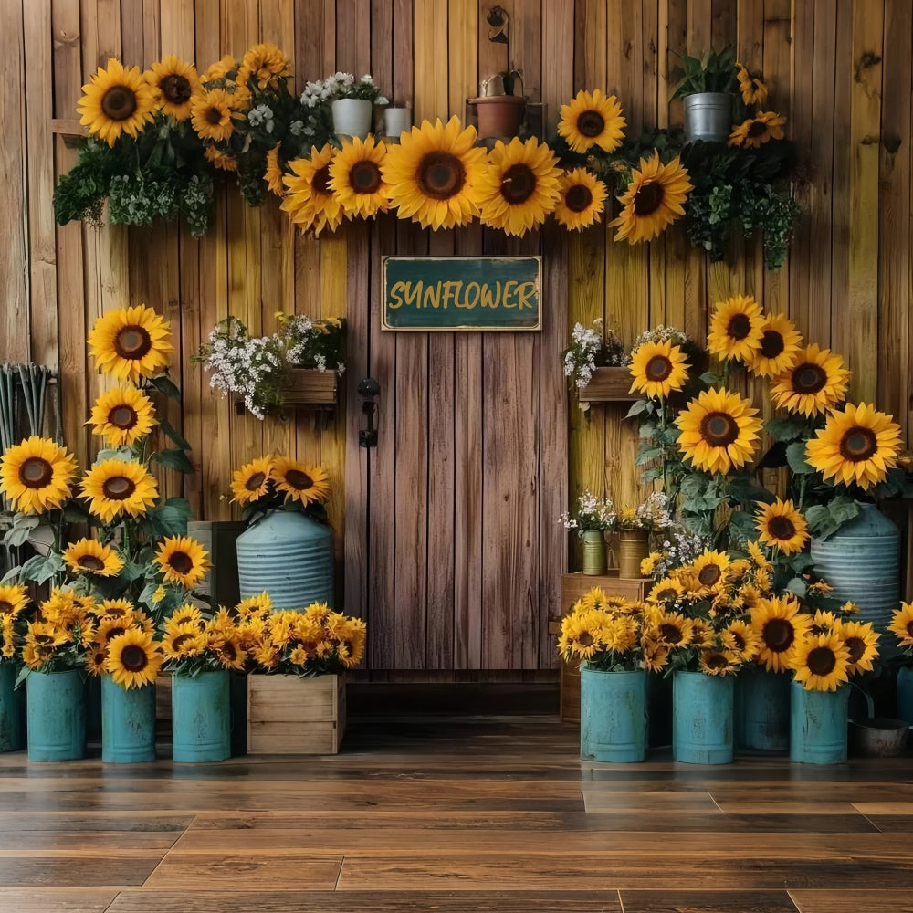 Sunflower Backdrops Wooden Wall Rustic Bloom Summer Backdrop UK GTY3-410