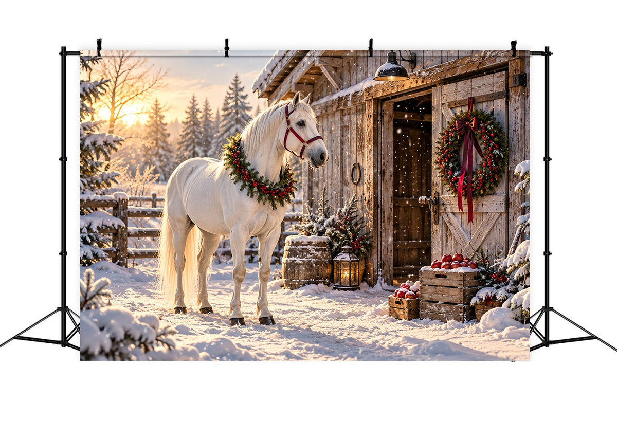 Western Christmas Backdrop White Horse Festive Barn Christmas Backdrop Photoshoot UK HQ610-152