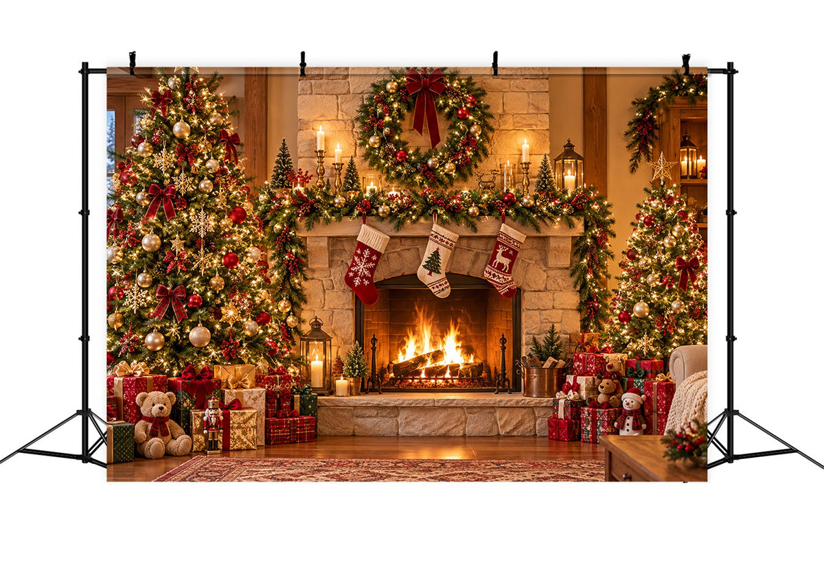 Santa Photo Backdrop Rustic Fireplace Stocking Mantel Christmas Village Backdrop Ideas UK HQ610-153