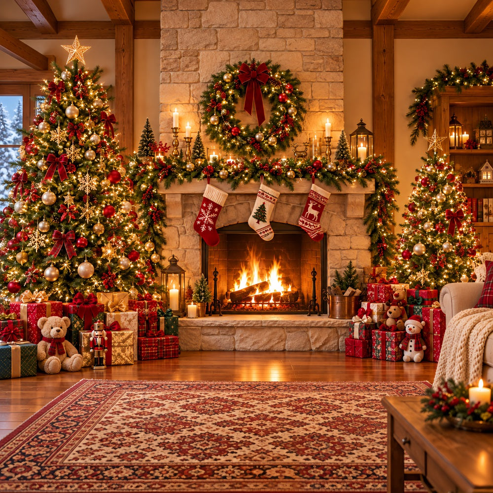 Santa Photo Backdrop Rustic Fireplace Stocking Mantel Christmas Village Backdrop Ideas UK HQ610-153