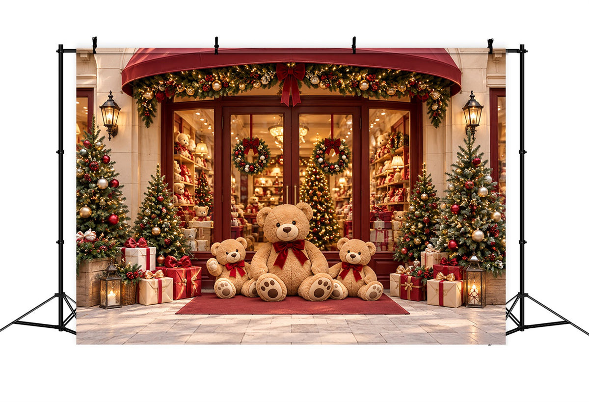 Christmas Store Backdrop Festive Teddy Bear Storefront Christmas Party Backdrops UK HQ610-161