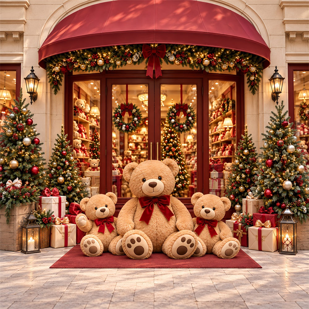 Christmas Store Backdrop Festive Teddy Bear Storefront Christmas Party Backdrops UK HQ610-161