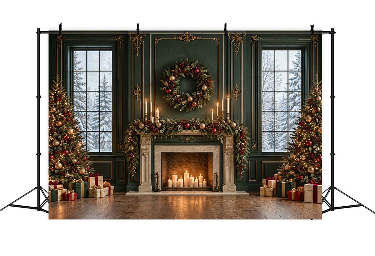 Living Room Christmas Backdrop Emerald Mantel Golden Garland Christmas Card Backdrops UK HQ610-163