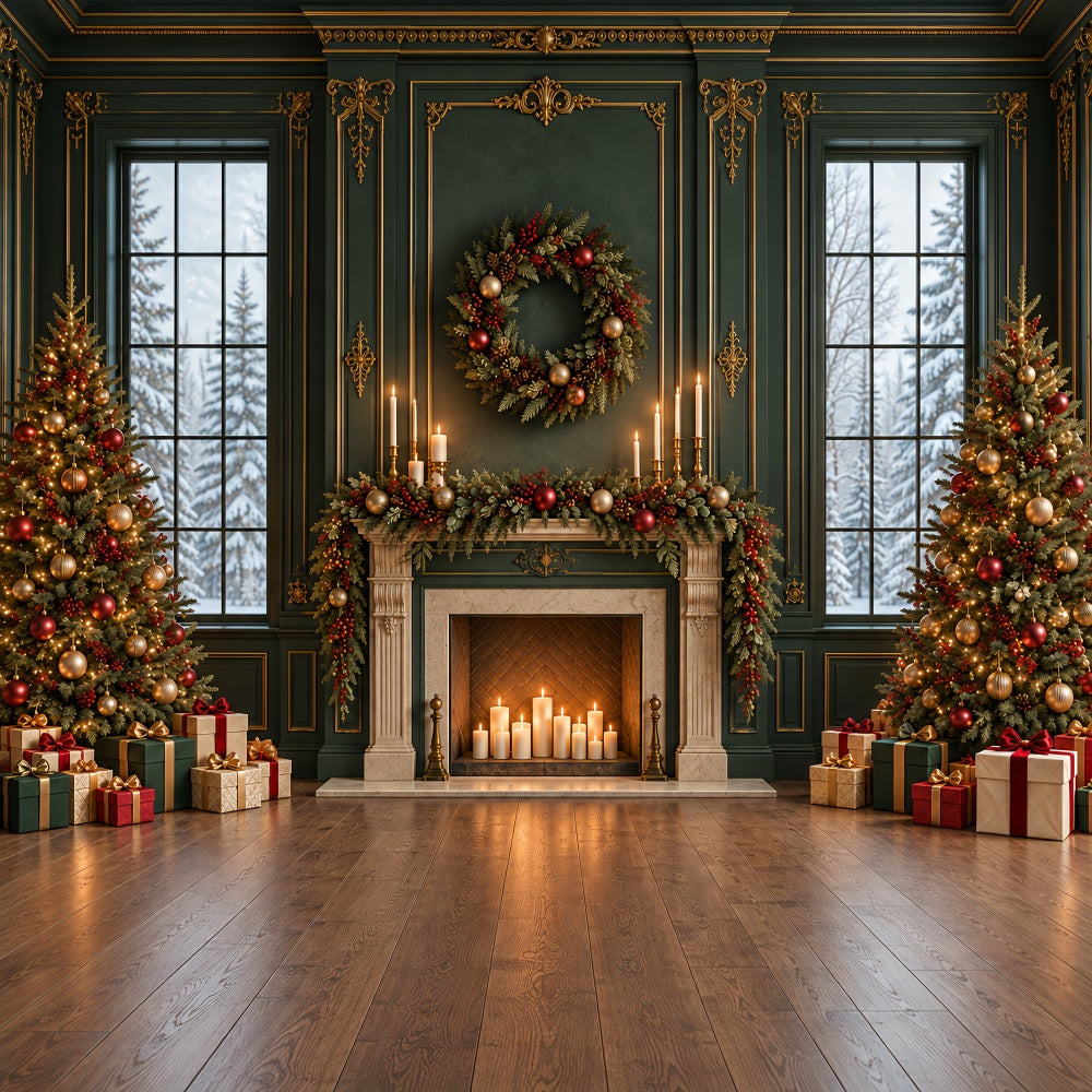 Living Room Christmas Backdrop Emerald Mantel Golden Garland Christmas Card Backdrops UK HQ610-163