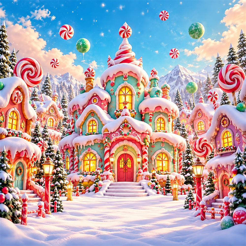 Candyland Christmas Backdrop Pastel Candy Cottage Village Photography Christmas Backdrop UK HQ610-166