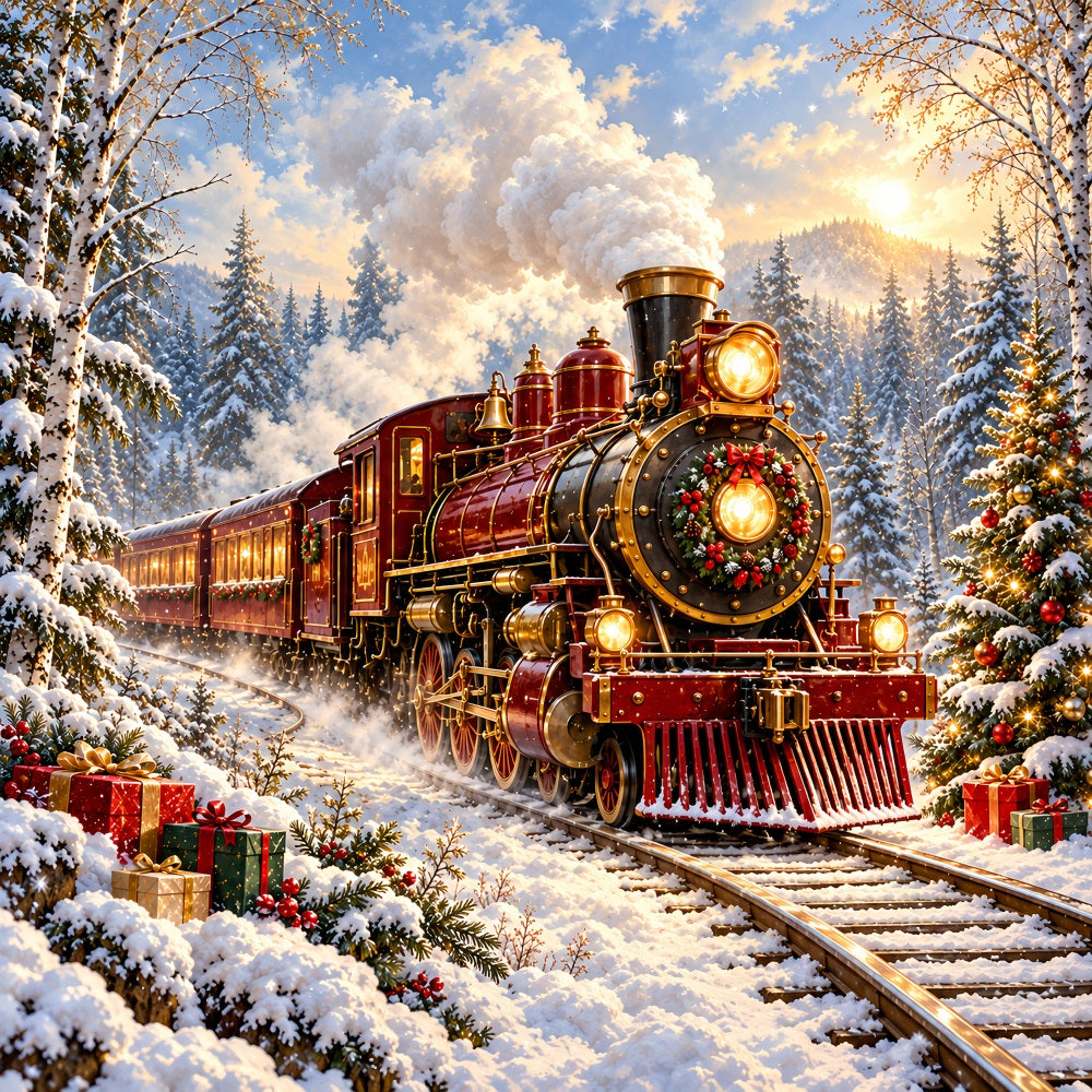 Professional Christmas Backdrop Burgundy Locomotive Snowy Forest Christmas Village Backdrop UK HQ610-167