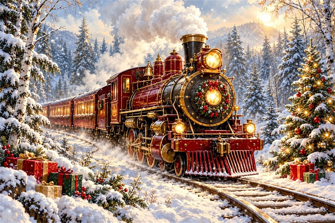 Professional Christmas Backdrop Burgundy Locomotive Snowy Forest Christmas Village Backdrop UK HQ610-167