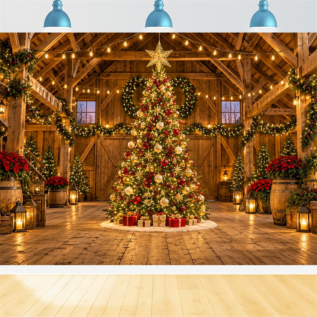 Christmas Lights Photo Backdrop Rustic Barn Golden Tree Christmas Backdrop Pictures UK HQ610-169