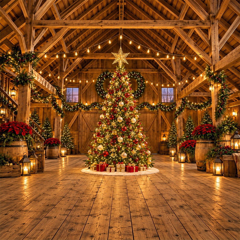 Christmas Lights Photo Backdrop Rustic Barn Golden Tree Christmas Backdrop Pictures UK HQ610-169