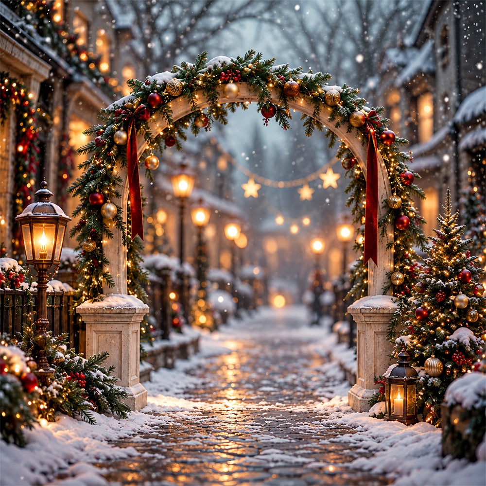 Christmas Lights Photo Backdrop Snowy Evergreen Lantern Arch Christmas Photo Wall Backdrop UK HQ610-175