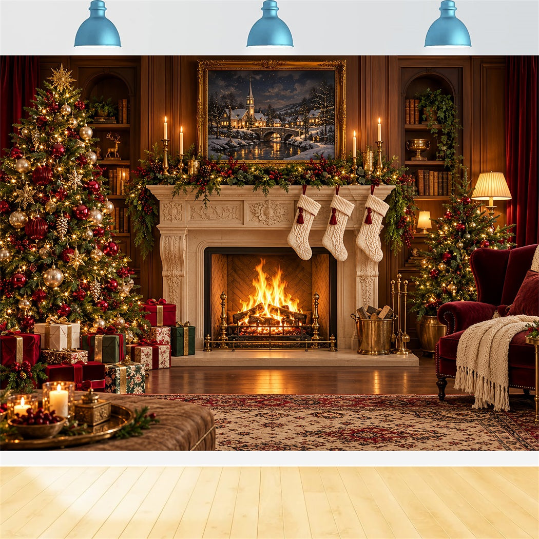 Santa Photo Backdrop Classic Fireplace Stockings Display Christmas Backdrops for Sale UK HQ610-179