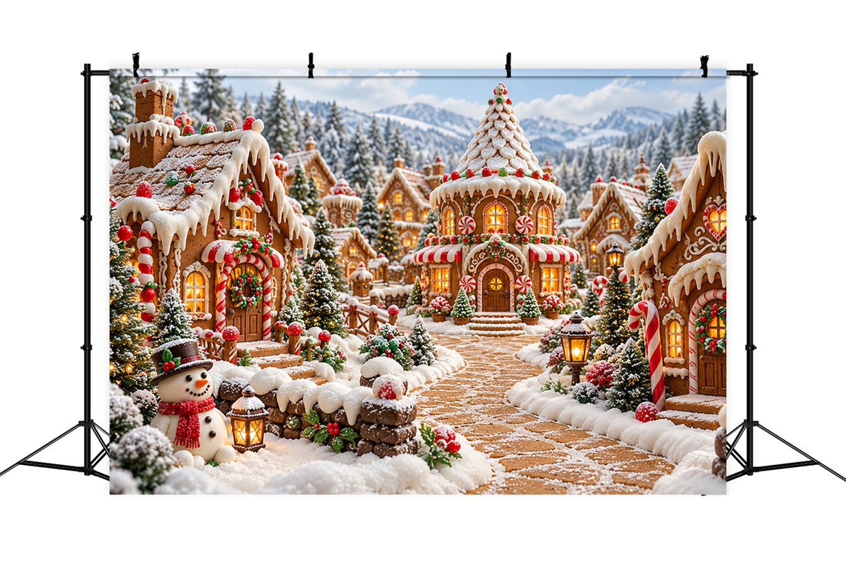 Christmas Gingerbread Backdrop Snowy Candy Cottage Village Christmas Backdrop Picture UK HQ610-185