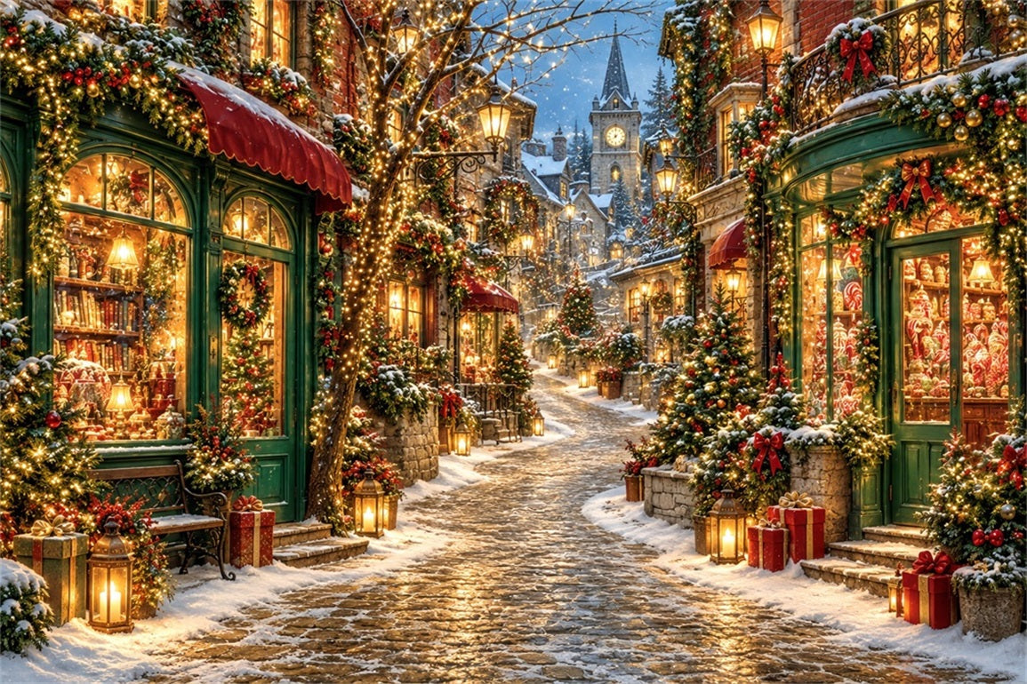 Christmas Village Backdrops Snowy Lantern Street Shop Backdrops for Christmas Photos UK HQ610-189
