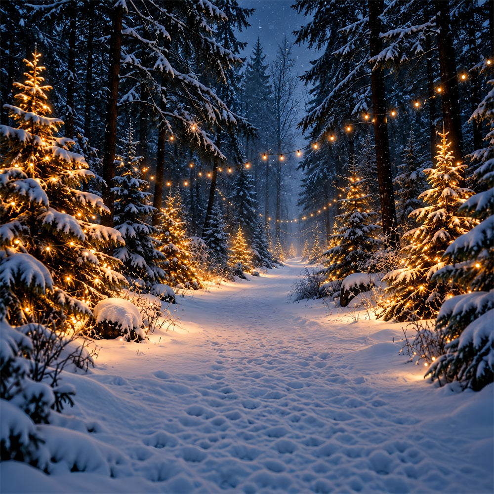 Christmas Tree Farm Photo Backdrop Glowing Snowy Forest Path Photography Backdrop Christmas UK HQ610-190