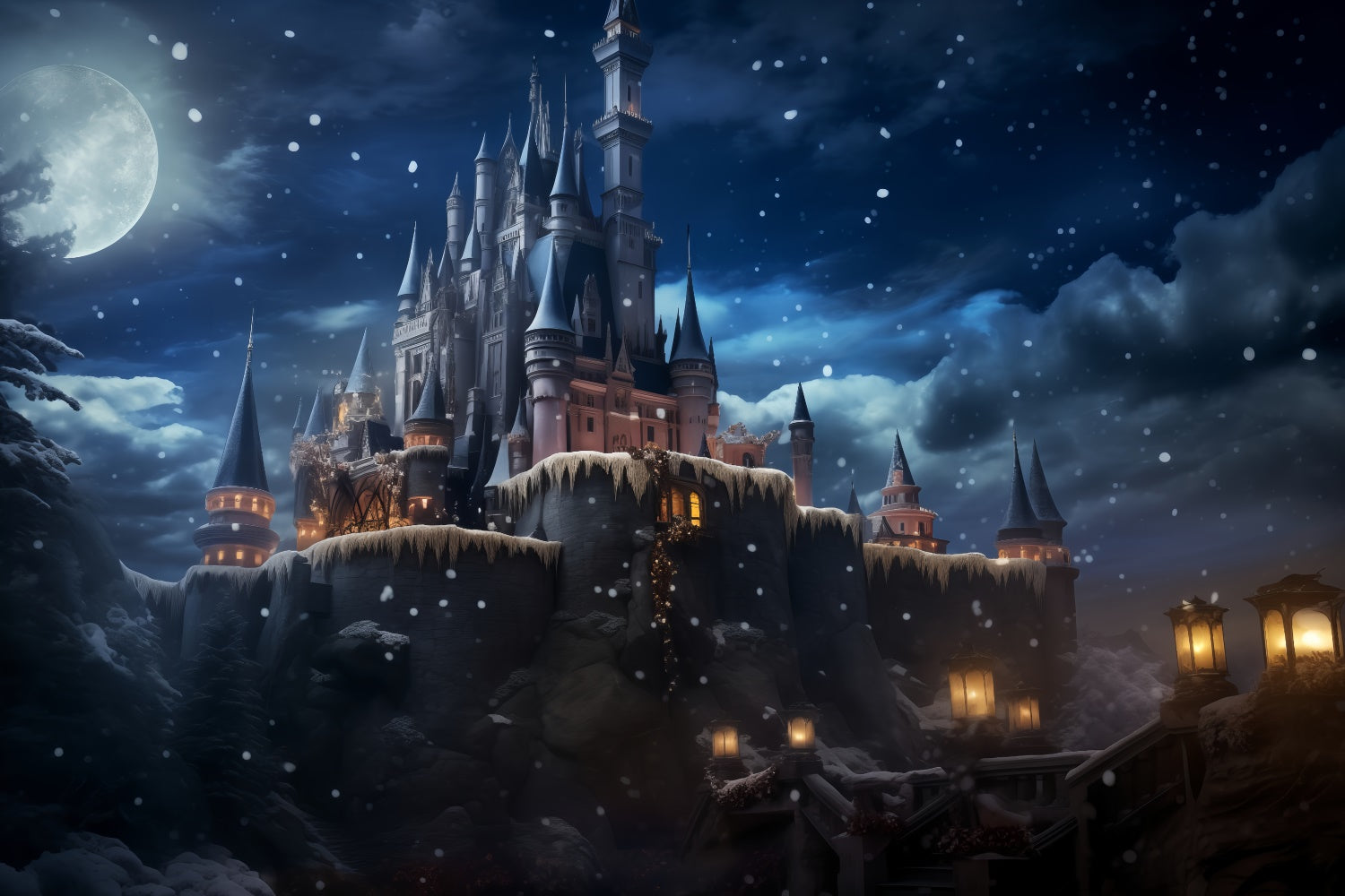 Pet Backdrops Moonlit Castle Winter Night Backdrop UK LXX1-275