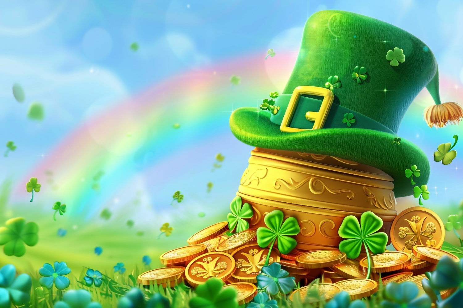 St Patrick's Day Backdrop Rainbow Clover Golden Pot Backdrop UK LXX1-49