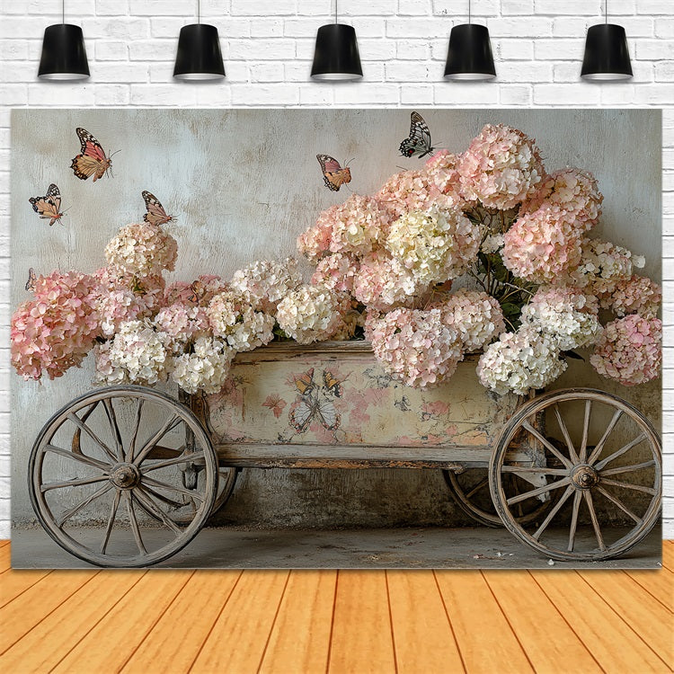 Spring Photo Backdrops Pink Hydrangea Butterfly Cart Backdrop UK LXX1-5