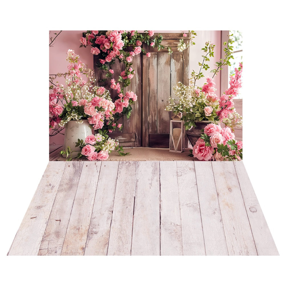 Charming Floral Wooden Gate Backdrop+Soft Farmhouse Floor Backdrop UK LXX2-179