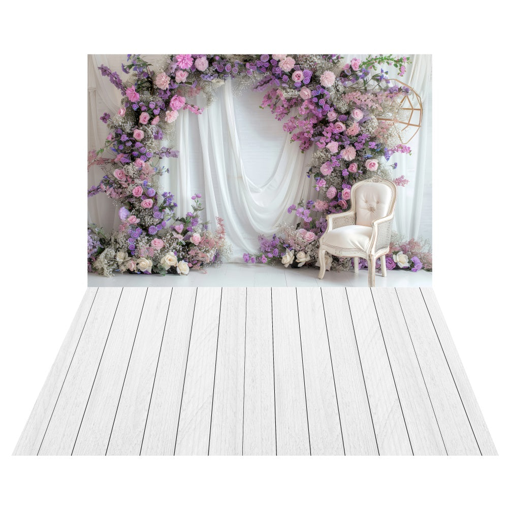 Lavender Dream Floral Arch Backdrop+Whitewashed Wooden Floor Backdrop UK LXX2-195