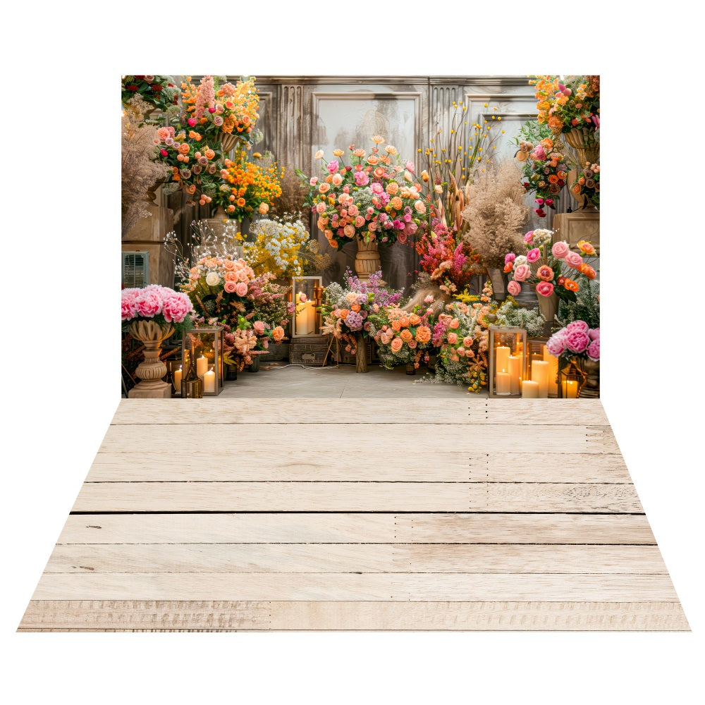 Romantic Floral Candlelit Backdrop+Soft Wooden Floor Backdrop UK LXX2-196