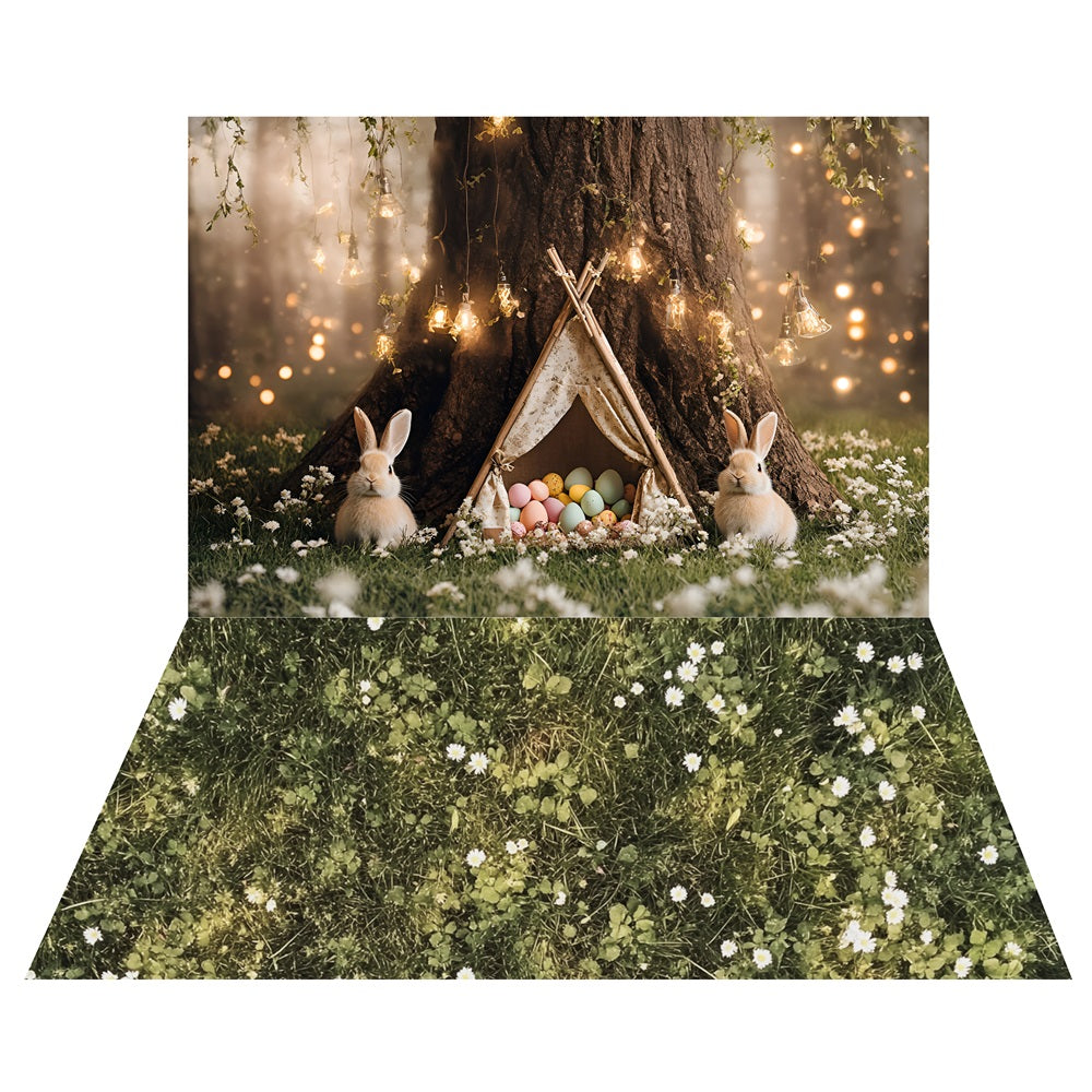 Twinkling Easter Bunny Tent Backdrop+Clover Green Grass Floor Backdrop UK LXX2-206