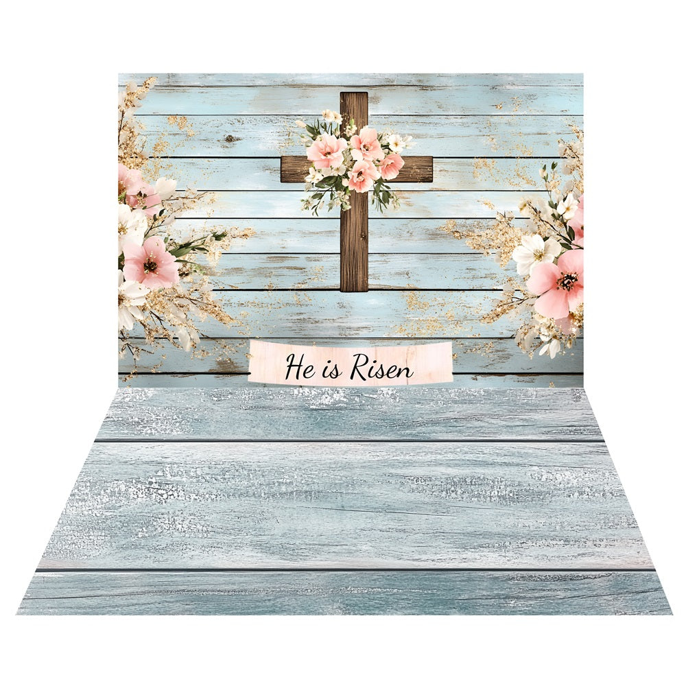 Easter Floral Wooden Cross Backdrop+Light Blue Floor Backdrop UK LXX2-210