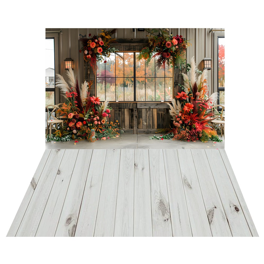 Boho Floral Window Backdrop+Light Wooden Floor Backdrop UK LXX2-215