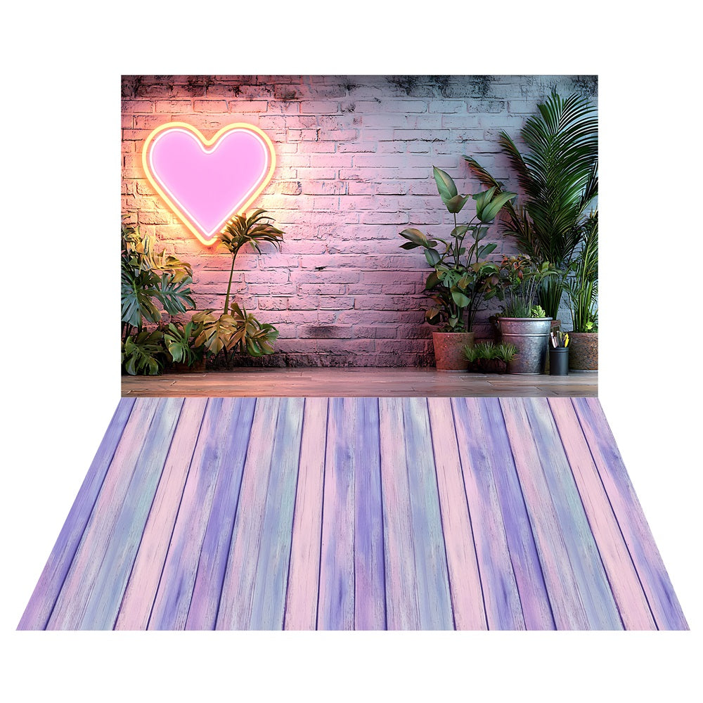 Tropical Greenery Neon Romance Backdrop+Colorful Wooden Floor Backdrop UK LXX2-216