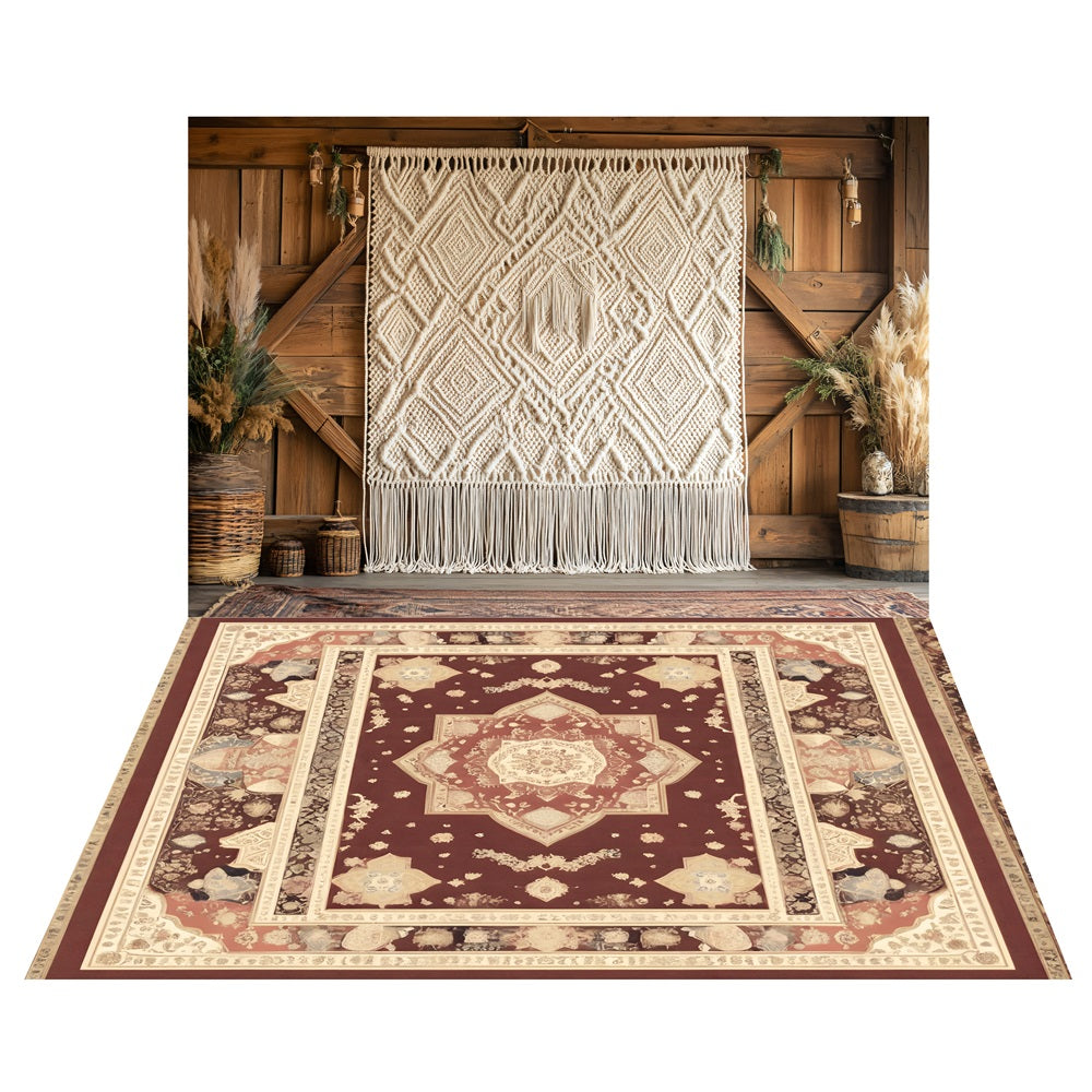 Boho Macrame Barn Backdrop+Vintage Persian Rug Floor Backdrop UK LXX2-217