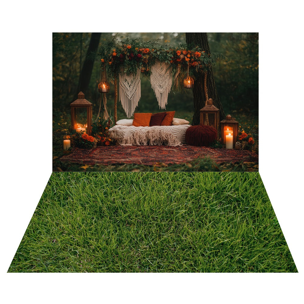 Boho Candlelit Forest Retreat Backdrop+Meadow Grass Floor Backdrop UK LXX2-218