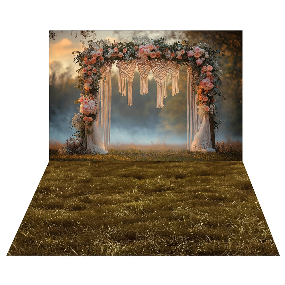 Bohemian Floral Wedding Arch Backdrop+Rustic Meadow Grass Floor Backdrop UK LXX2-220
