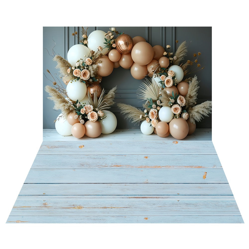 Boho Balloon Arch Floral Backdrop+Rustic Blue Wood Floor Backdrop UK LXX2-222