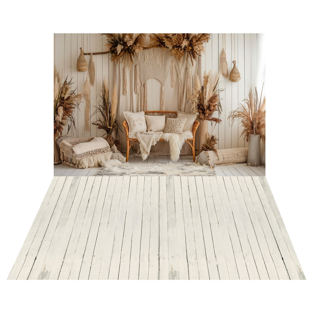 Boho Lounge Floral Backdrop+White Rustic Wood Floor Backdrop UK LXX2-225