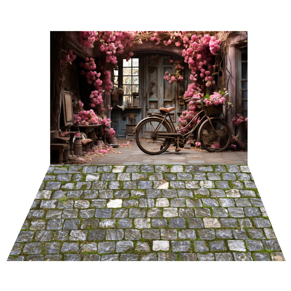 Valentine's Day Bicycle Floral Backdrop+Mossy Brick Floor Backdrop UK LXX2-4