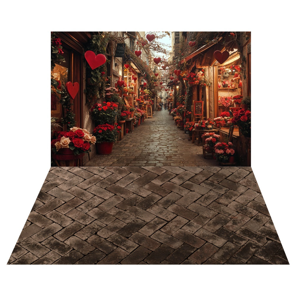 Romantic Valentine Street Backdrop+Vintage Brick Floor Backdrop UK LXX2-5
