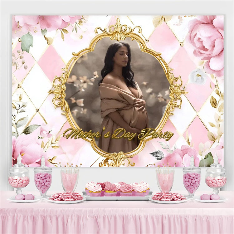 Backdrop For Mothers Day Golden Frame Floral Personalized Backdrop UK LXX3-90