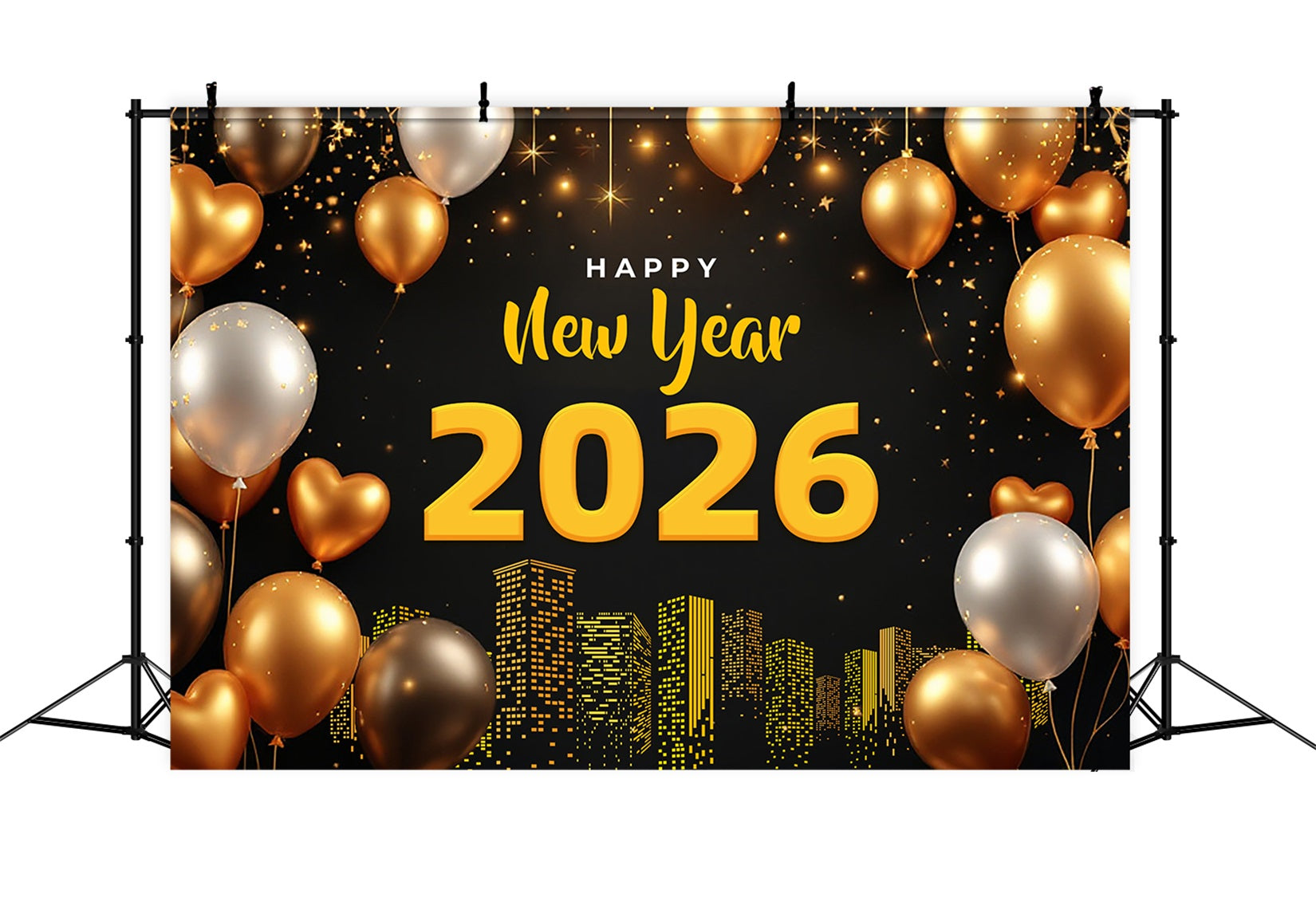 Happy New Year 2026 Backdrop Golden Balloons City Lights New Years Eve Backdrop UK LXX510-1