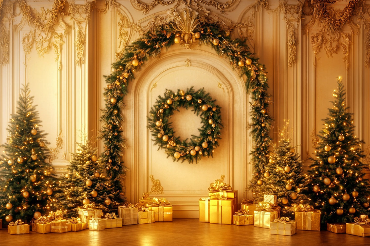 Christmas Vintage Wall Backdrop Golden Garland Elegance Victorian Backdrop UK LXX510-110